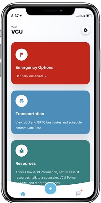 An image of a cell phone with the LiveSafe app open and tabs for Emergency Options, Transportation and Resources.